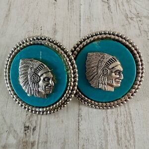 Vintage Southwestern Native American Chief Turquoise Silver Tone Stud Earrings